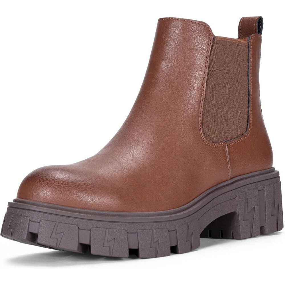 ⚡Women's Chelsea Lug Sole-9620-mocha Synthetic leather Ankle Elastic Band Boots